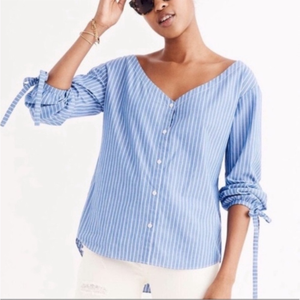 Madewell Morningview tie sleeve top, blue and white stripes, size small